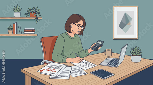 Frustrated woman at desk calculating tax penalty notice expenses in home office