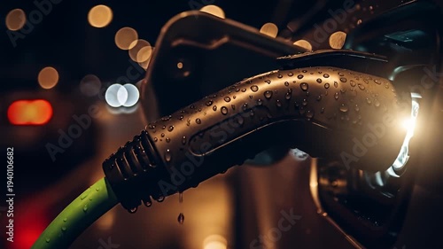 Close-up of an electric vehicle charging at night, illuminated by surrounding city lights
