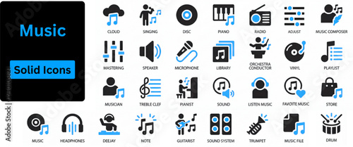Music solid icon set. Musical collaboration. Solid icon set of Musical collaboration: duet microphones, music notes exchange, shared headphones, handshake with notes, band. Solid icons set. 