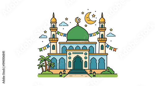 Beautiful mosque with minarets and dome decorated with flags and crescent moon