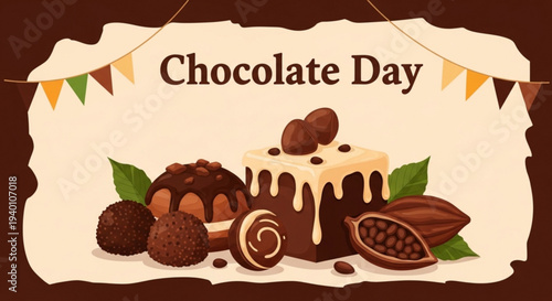 Chocolate day celebration with assorted chocolates and cake on a festive background