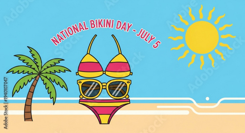 National bikini day illustration with beach scene and palm tree on sunny day