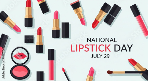 National lipstick day celebration with various cosmetic products and lipsticks