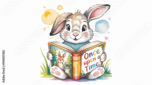 Whimsical rabbit reading a children's storybook with colorful illustrations and text 'once upon a time'