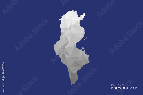 Tunisia Map - Polygon White and Black map Style Vector Illustration, Low Poly Geometric Design, Isolated on blue Background.