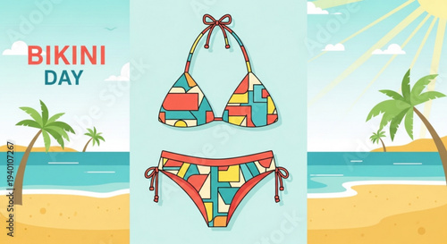 Vibrant bikini illustration with colorful beach background and palm trees for summer fun and relaxation