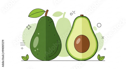 Fresh green pear and avocado with leaves on white background healthy food concept