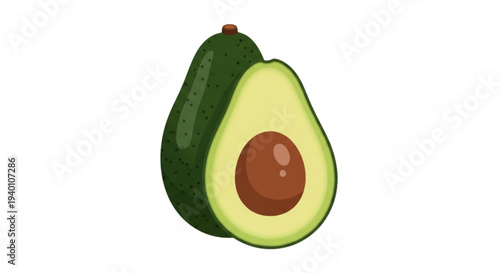 Avocado cut in half with pit ripe green skin and flesh healthy food