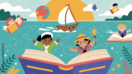 Children reading giant book floating on ocean with sailboat and beach balls in sunny landscape