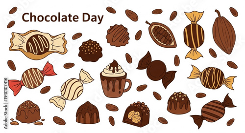 Assorted chocolate candies and treats on chocolate day with coffee cup and cocoa beans scattered around