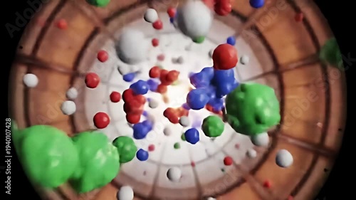 Colorful particles swirling in a cosmic explosion within a scientific laboratory setting