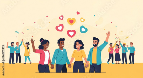 Diverse group of people holding hands and celebrating together with floating hearts in a joyful atmosphere