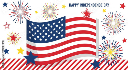 American flag waving with fireworks and stars on independence day celebration background