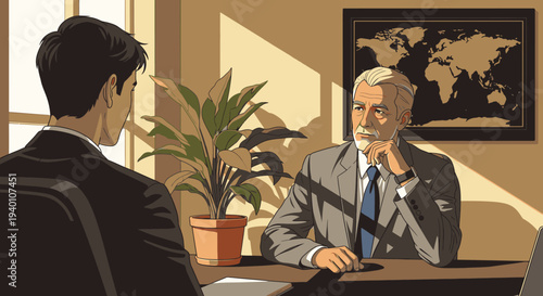 Two professionals engage in a focused discussion across a sunlit office desk, symbolizing mentorship, negotiation, or a crucial interview setting.