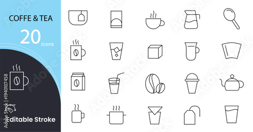 Coffee and tea line icons set. Coffee shop, beans, hot coffee, espresso cup and maker machine related  outline icon collection. Editable Stroke.