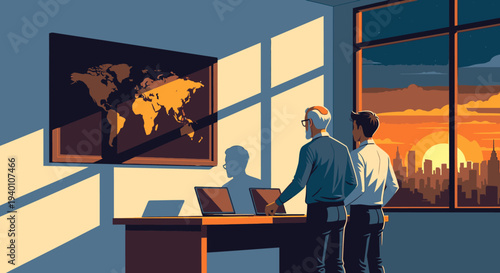 Two businessmen observe a world map in a sunlit office, contemplating global strategies while a vibrant sunset illuminates the city skyline outside.