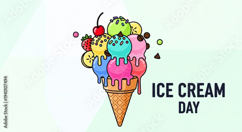Colorful ice cream cone with melting scoops and toppings on a waffle cone for ice cream day