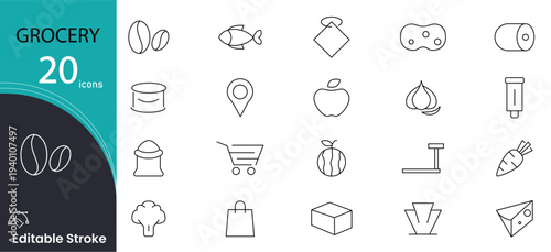 Grocery related line Icon set. Supermarket, Bakery, Milk, Vegetable, Fruit, Dairy, Cheese, Rice, Coffee, Seafood, Fish, Chicken and Cart outline icon collection. Editable stroke.