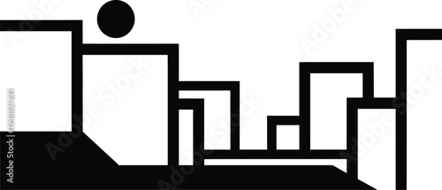 A person stands on a staircase surrounded by geometric shapes and abstract architecture, viewed from a low angle, in a minimalist illustration, similar to wqe (528)