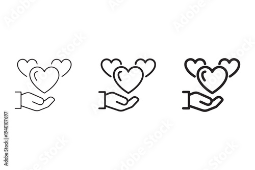 Set of 3 Hand Holding Heart Icons Vector - Outline, Thin Line, and Bold Stroke Styles for Charity, Love, Care, and Donation Concepts