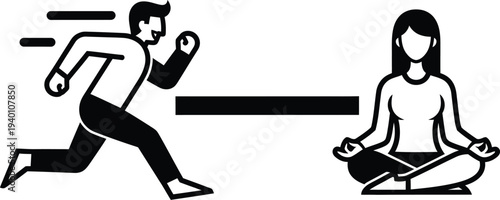 A man runs while a woman meditates in a serene setting with contrasting lifestyles.