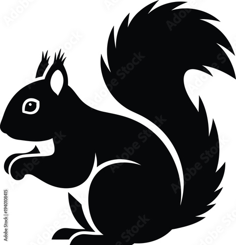 Silhouette of a squirrel holding a nut, bushy tail, black and white
