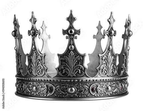 Fotografie Silver Medieval Crown with Ornate Engraving, Three-Quarter Angle, Regal Emblem,