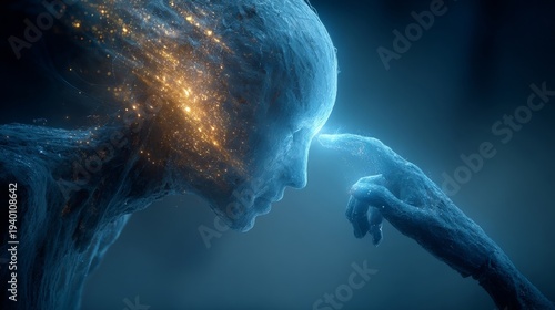 Abstract Human Connection Touching Minds with Light on Blue Background Conceptual Neural Networks and Digital Consciousness