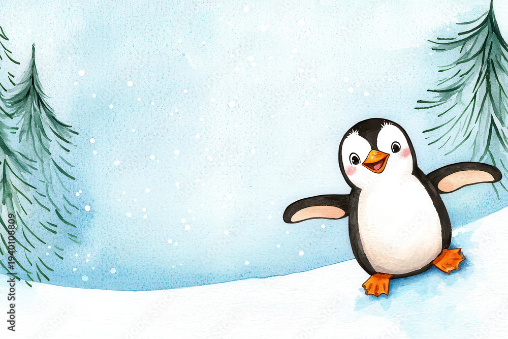 Fototapeta premium Watercolor cartoon penguin snow ice slope winter pine illustration shows bird sliding downhill amid falling snow, calm sky, copy space