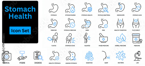 Stomach Health line icon set. Medical gastroenterology line icon set. Vector pictograms of stomach pain, heartburn, acid reflux, and digestion health, thin linear illustration. Outline icons set. 