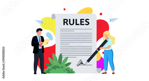 A man in a dark suit reads his notes while a blonde woman uses a giant pen to sign a massive document titled RULES, set against a colorful abstract background with plants, shapes, and paper airplanes