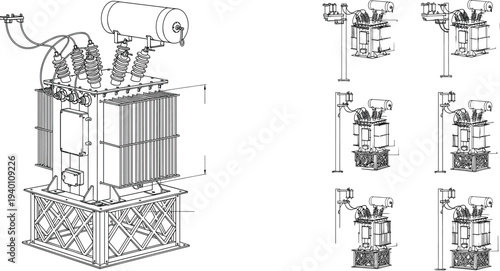 Technical Drawing of Electrical Power Transformer with Industrial High Voltage Substation Equipment and Grid Infrastructure Set for Energy Engineering and Utilities Maintenance Vector Illustration