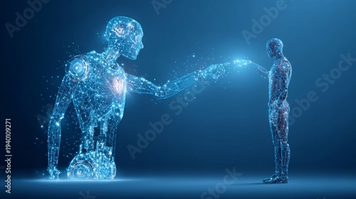 Conceptual Image of Two Glowing Humanoid Robots Touching Fingers Representing Artificial Intelligence and Technology Interaction on a Dark Blue Background