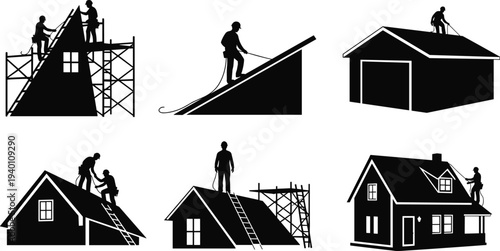 Vector collection of professional roofing contractor silhouettes working on house roofs with ladders and scaffolding for residential construction home improvement and repair