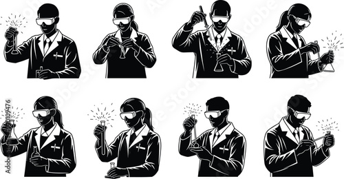 Vector collection of scientist silhouettes performing laboratory experiments with test tubes and chemical glassware in black and white line art for science education and