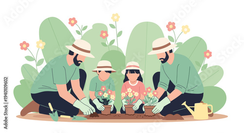 Family planting flowers in the garden, enjoying outdoor hobby together