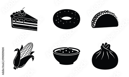 Food items including cake donut and various snacks