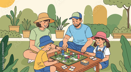 Family Playing Board Game Outdoors in Garden, Summer Leisure Activity
