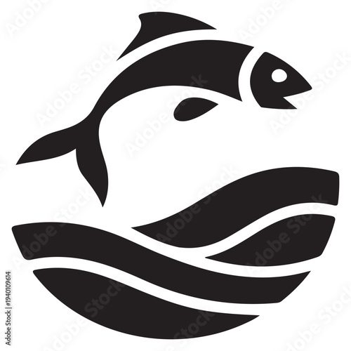 "Fish and Waves Icon – Circular Aquatic Symbol"