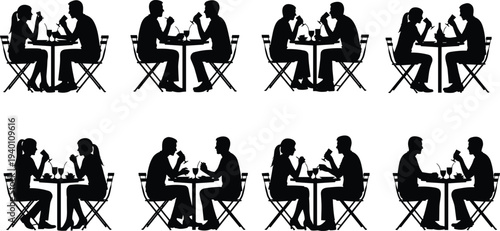 Vector Silhouette Set of Couples Sitting at Cafe Tables Drinking and Dining Isolated on White Background for Restaurant Bistro and Romantic Date Design Projects
