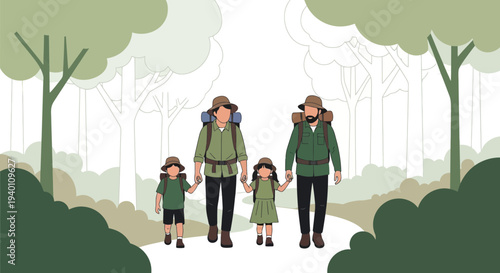 Family Hiking Adventure: Parents and Children Explore Nature Trail