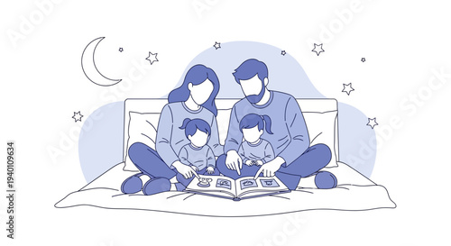 Family Reading Bedtime Story Book Together in Cozy Bedroom at Night