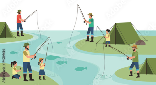 Family fishing trip by the river with tents, enjoying outdoor leisure and nature.