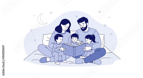 Family Reading Bedtime Story Together, Parents And Kids Cozy Evening