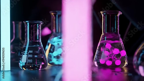 Colorful laboratory scene with glass beakers containing vibrant liquids, illuminated by neon lights