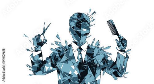 Geometric businessman shattering into pieces holding phone and remote control in abstract illustration