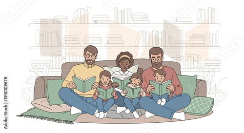 Family reading books together on sofa, diverse parents and children, cozy home library atmosphere