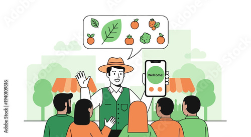 Farmer presenting organic produce and app to diverse audience at market