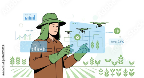 Farmer using drone technology and digital interface for smart farming in a field