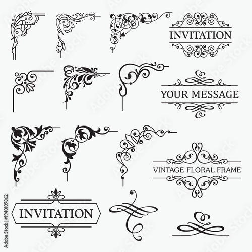 Design elements set, decorative flourish border corner and frame collection for invitation, menu and page decoration